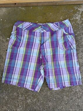 LANE BRYANT Plaid Cotton Shorts in Purple & Pastel Stripes